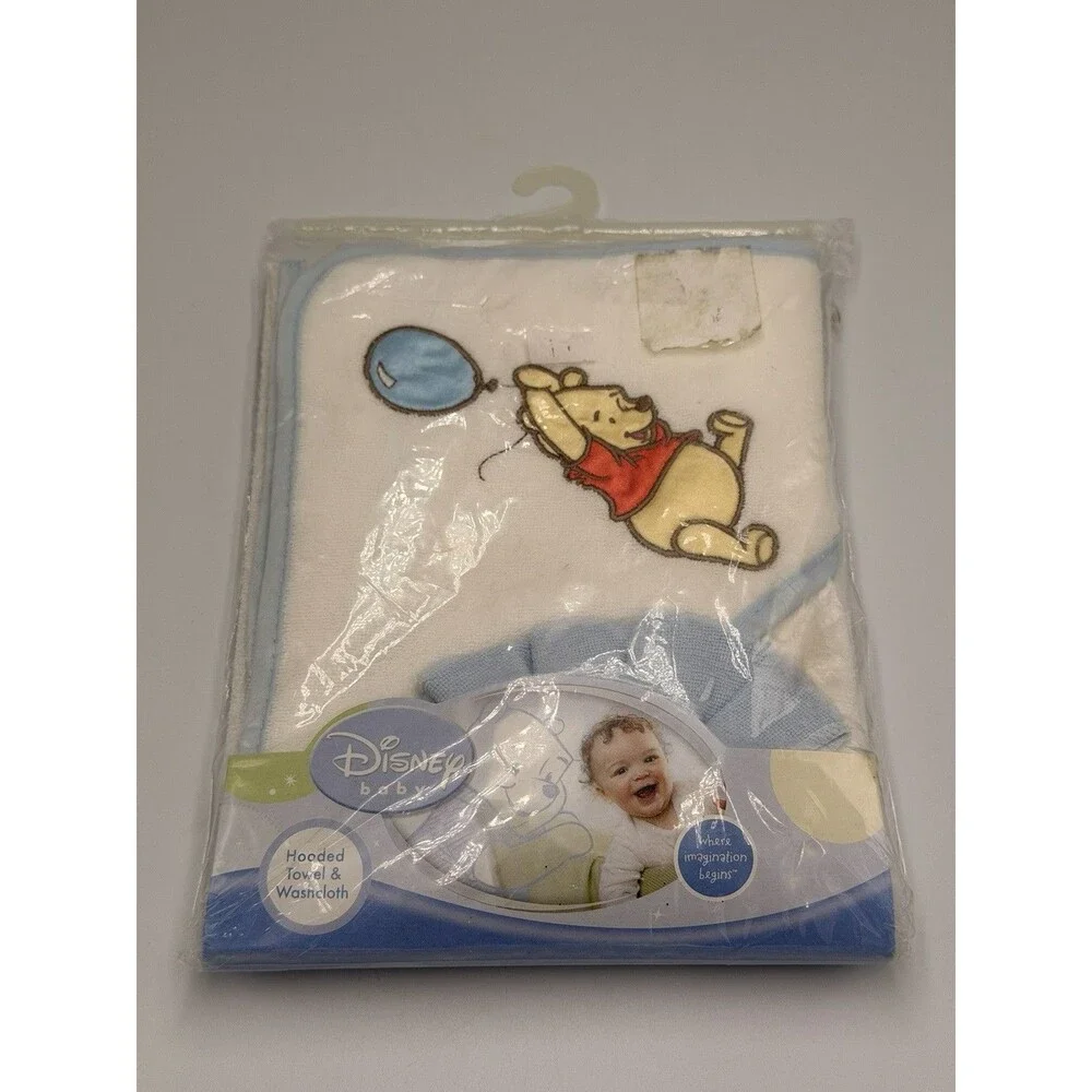 Vintage Winnie the Pooh Disney Baby Hooded Towel Washcloth Set Blue Balloon NIP